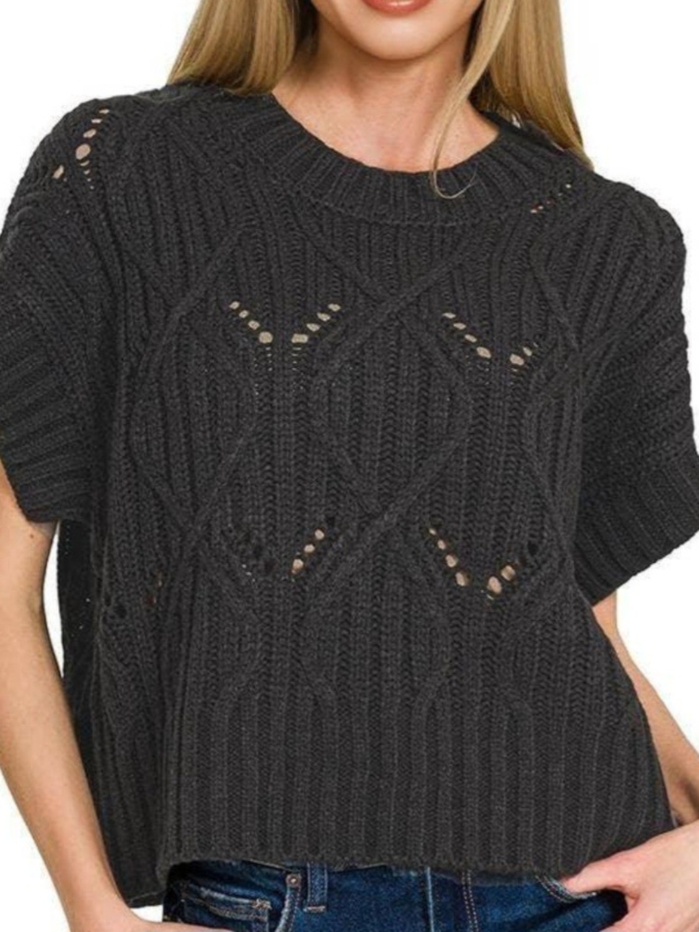 Zenana Outfitters Charcoal Open-Knit Crewneck Sweater